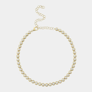 Jackie Yellow Gold Cultured Pearl Bezel Tennis Necklace