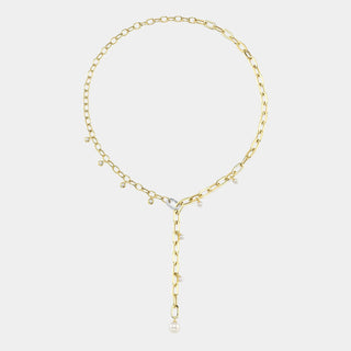 Jackie 0.27ct Diamond & Cultured Pearl Paper Clip Link Necklace in 14K Two-Tone Gold