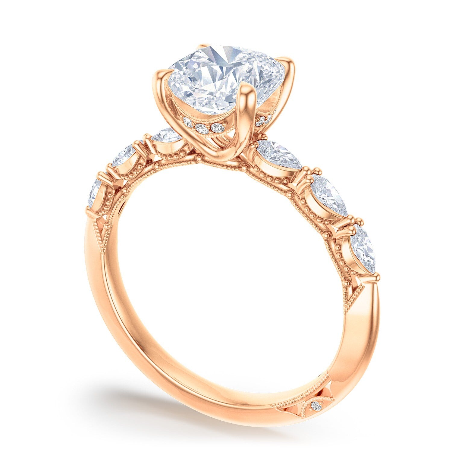 Cushion Side Stone 18K Rose Gold Engagement Ring - 2687