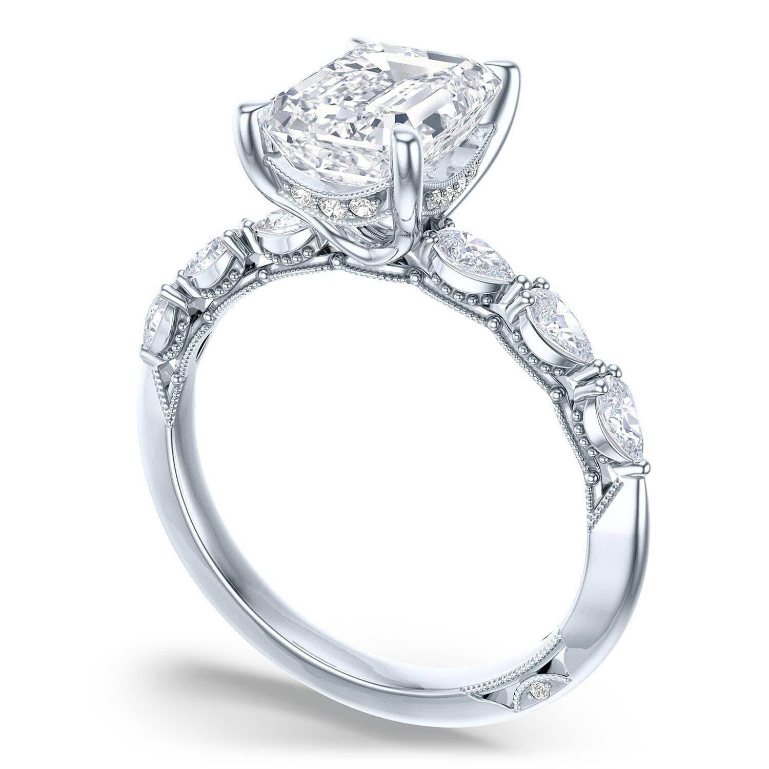 Emerald Side Stone 18K White Gold Engagement Ring - 2687