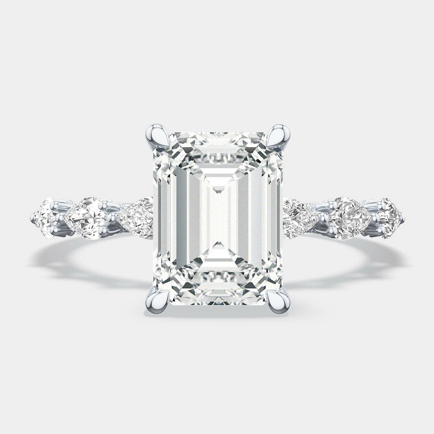 Emerald Side Stone 18K White Gold Engagement Ring - 2687