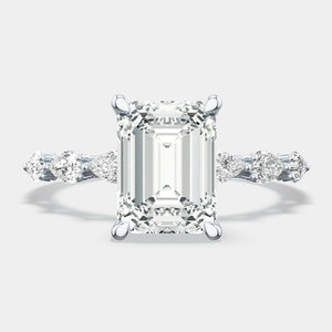 Emerald Side Stone 18K White Gold Engagement Ring - 2687