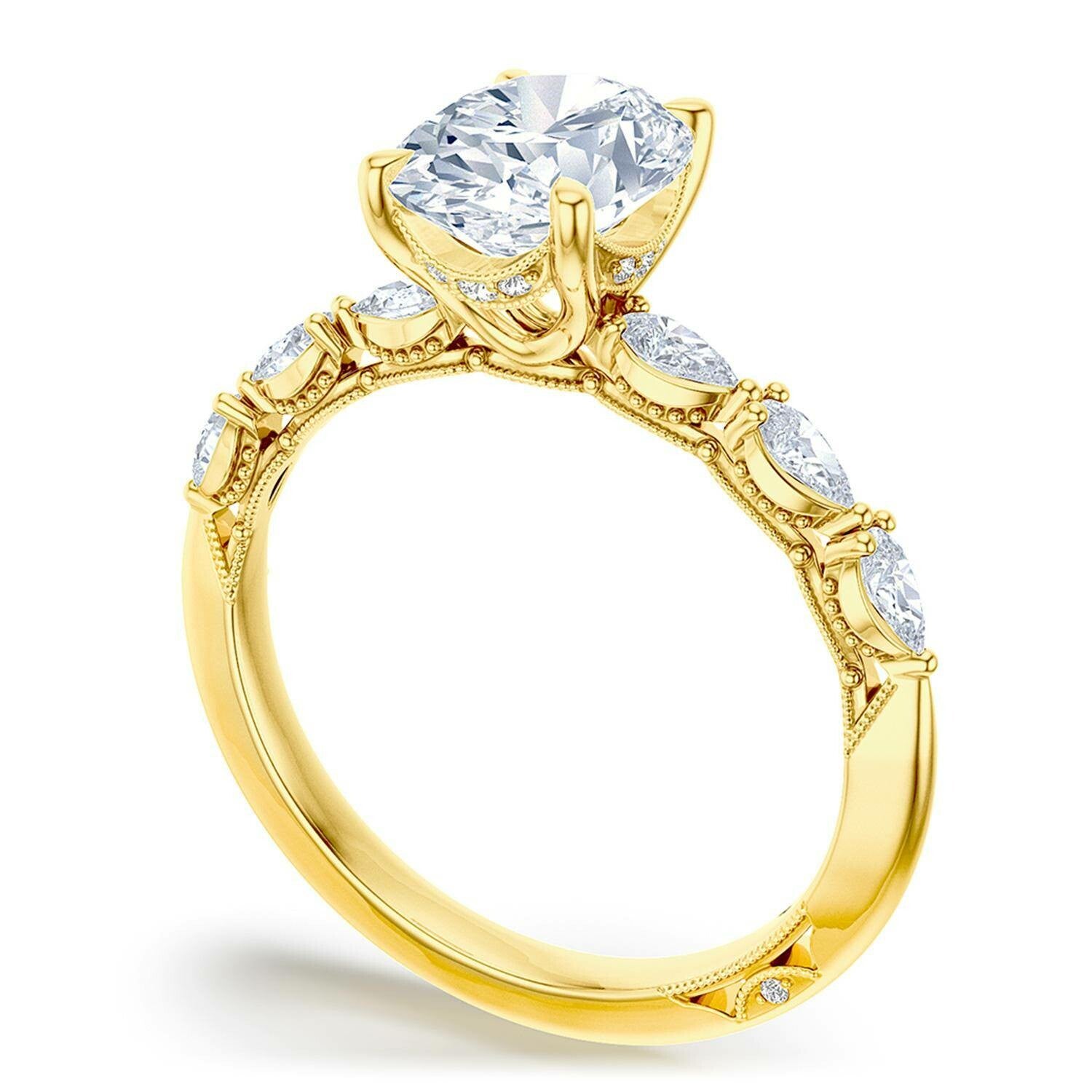 Oval Side Stone 18K Yellow Gold Engagement Ring - 2687