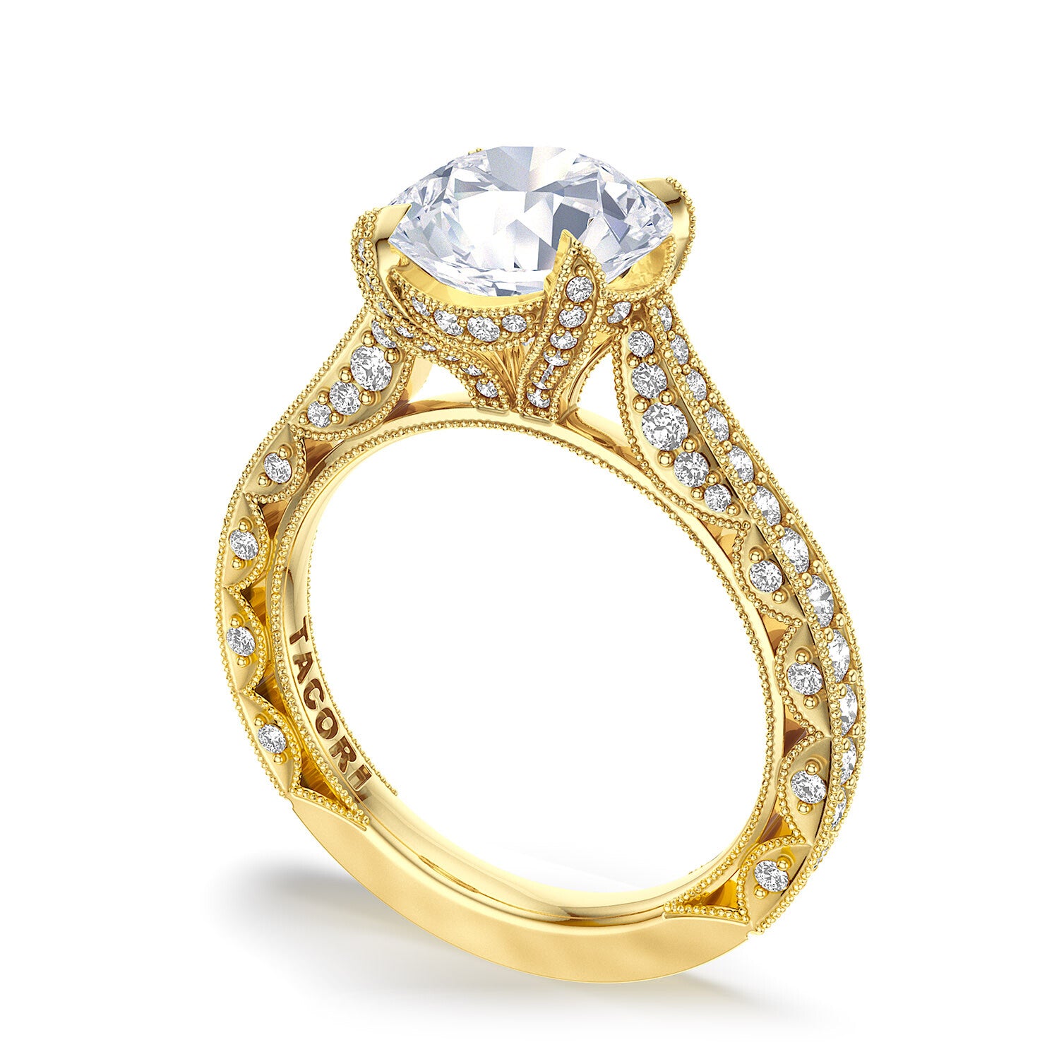 Round Pavé 18K Yellow Gold Engagement Ring - HT2626
