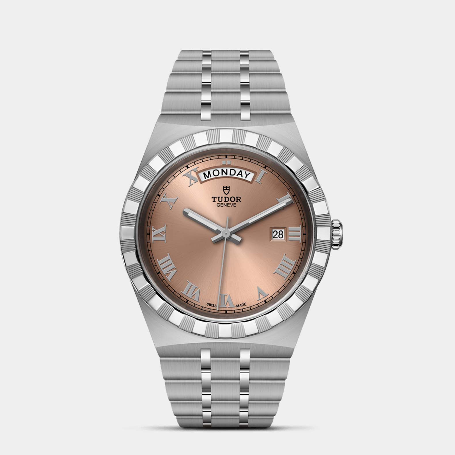 TUDOR tudor royal 41mm salmon dial watch, shown in a clean front-facing hero view against a neutral gray background.