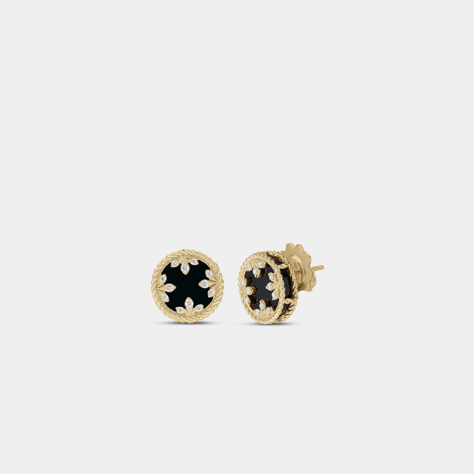 Venetian Medallions Black Jade Small Stud Earrings Yellow Gold