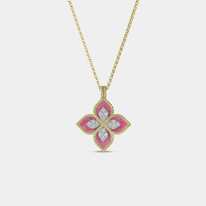 Venetian Princess Diamond and Rhodonite Flower Necklace in Yellow Gold