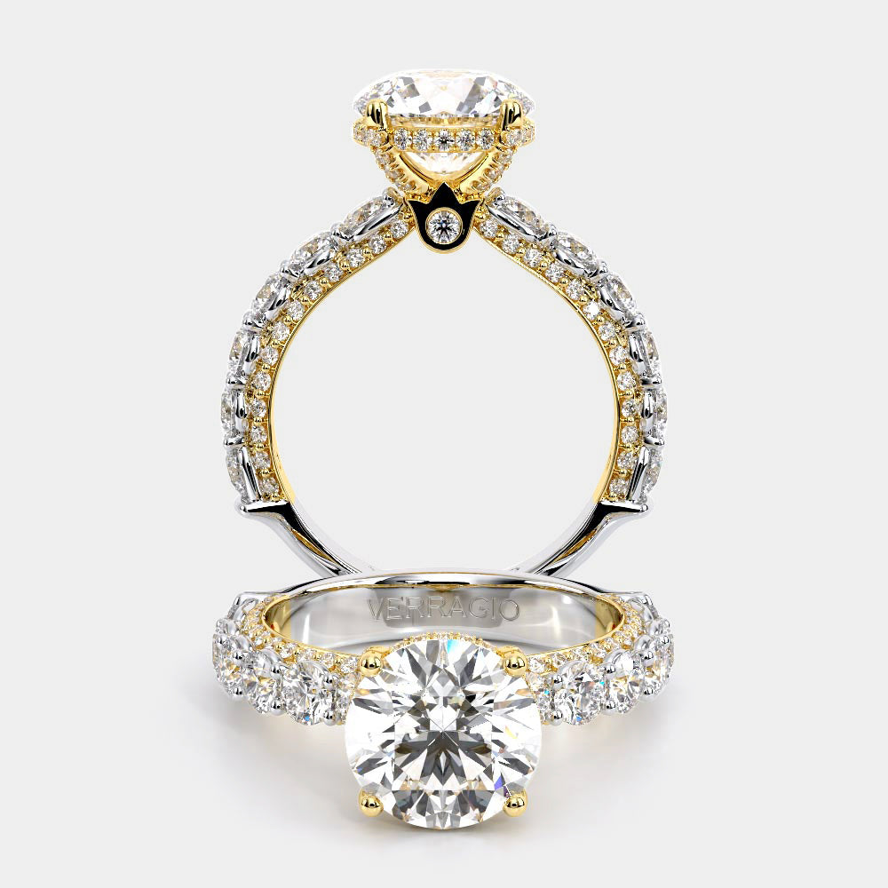 Round Pavé Yellow and White Gold Engagement Ring - CTR-0489