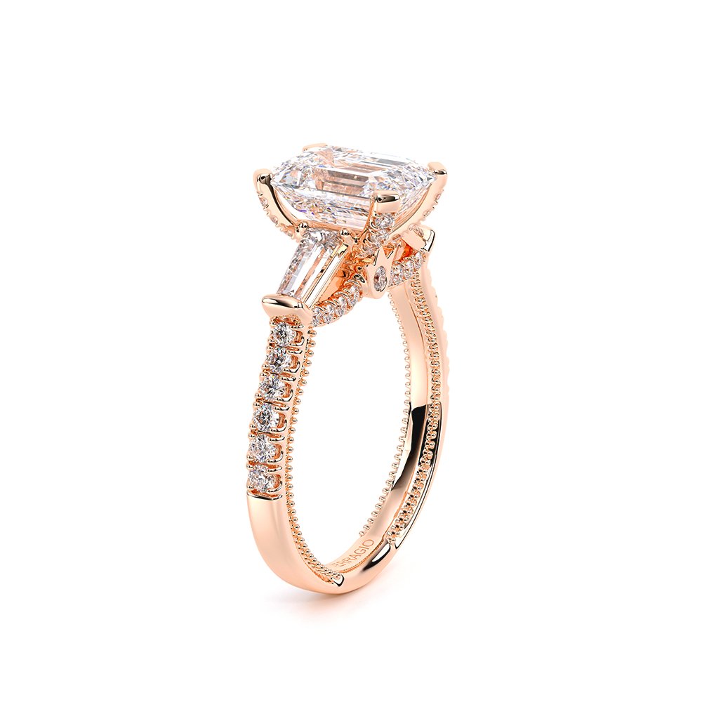 Emerald Three-Stone 14k Rose Gold Engagement Ring - REN-991