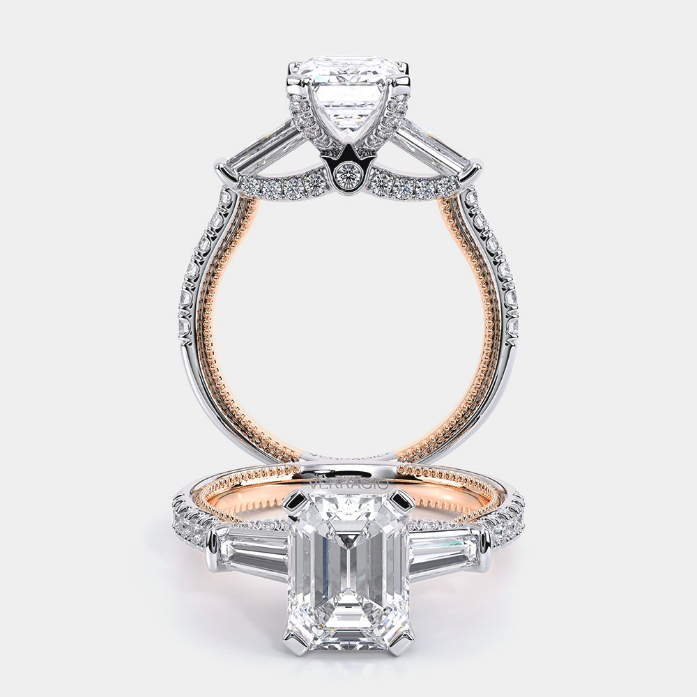 Emerald Three-Stone 14k Rose and White Gold Engagement Ring - REN-991