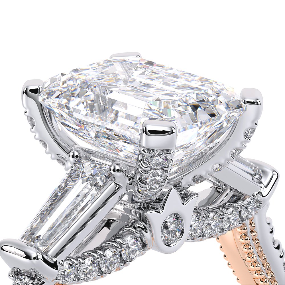 Emerald Three-Stone 18k Rose and White Gold Engagement Ring - REN-991