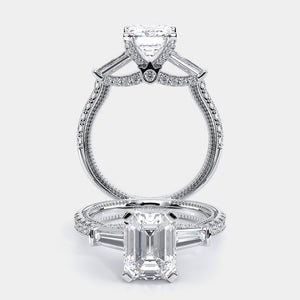 Emerald Three-Stone 18k White Gold Engagement Ring - REN-991