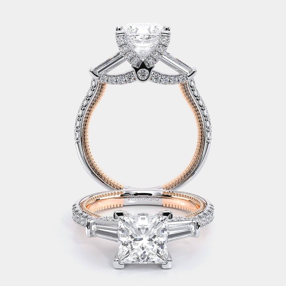Princess Three-Stone 18k Rose and White Gold Engagement Ring - REN-991
