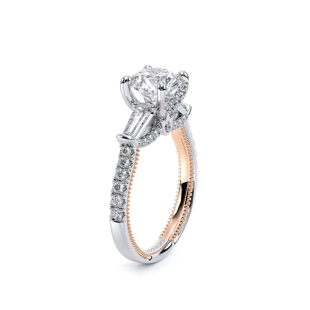 Round Three-Stone 14k Rose and White Gold Engagement Ring - REN-991