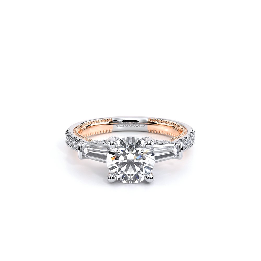 Round Three-Stone 18k Rose and White Gold Engagement Ring - REN-991