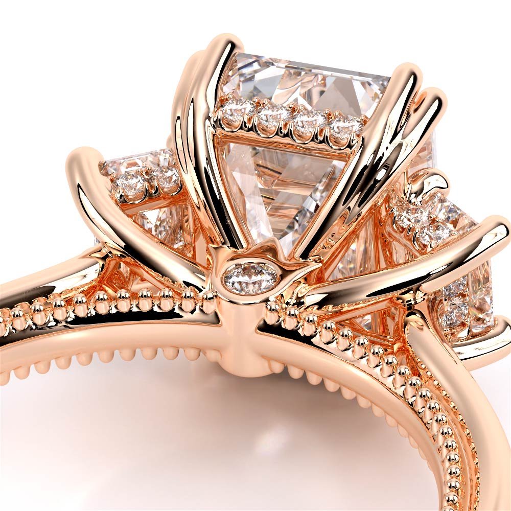 Emerald Three-Stone 18k Rose Gold Engagement Ring - REN-993