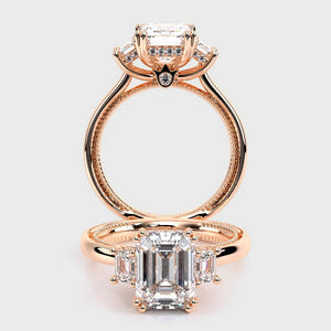 Emerald Three-Stone 18k Rose Gold Engagement Ring - REN-993