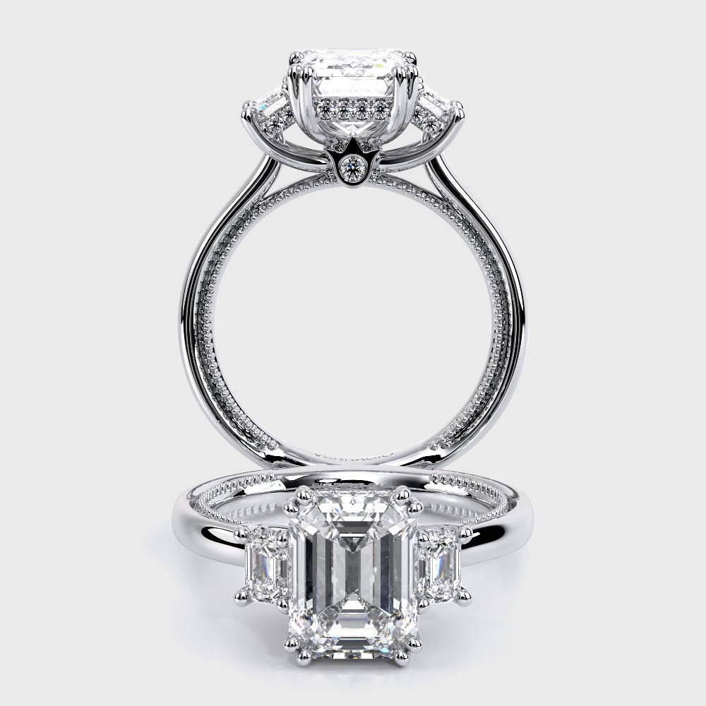 Emerald Three-Stone 18k White Gold Engagement Ring - REN-993