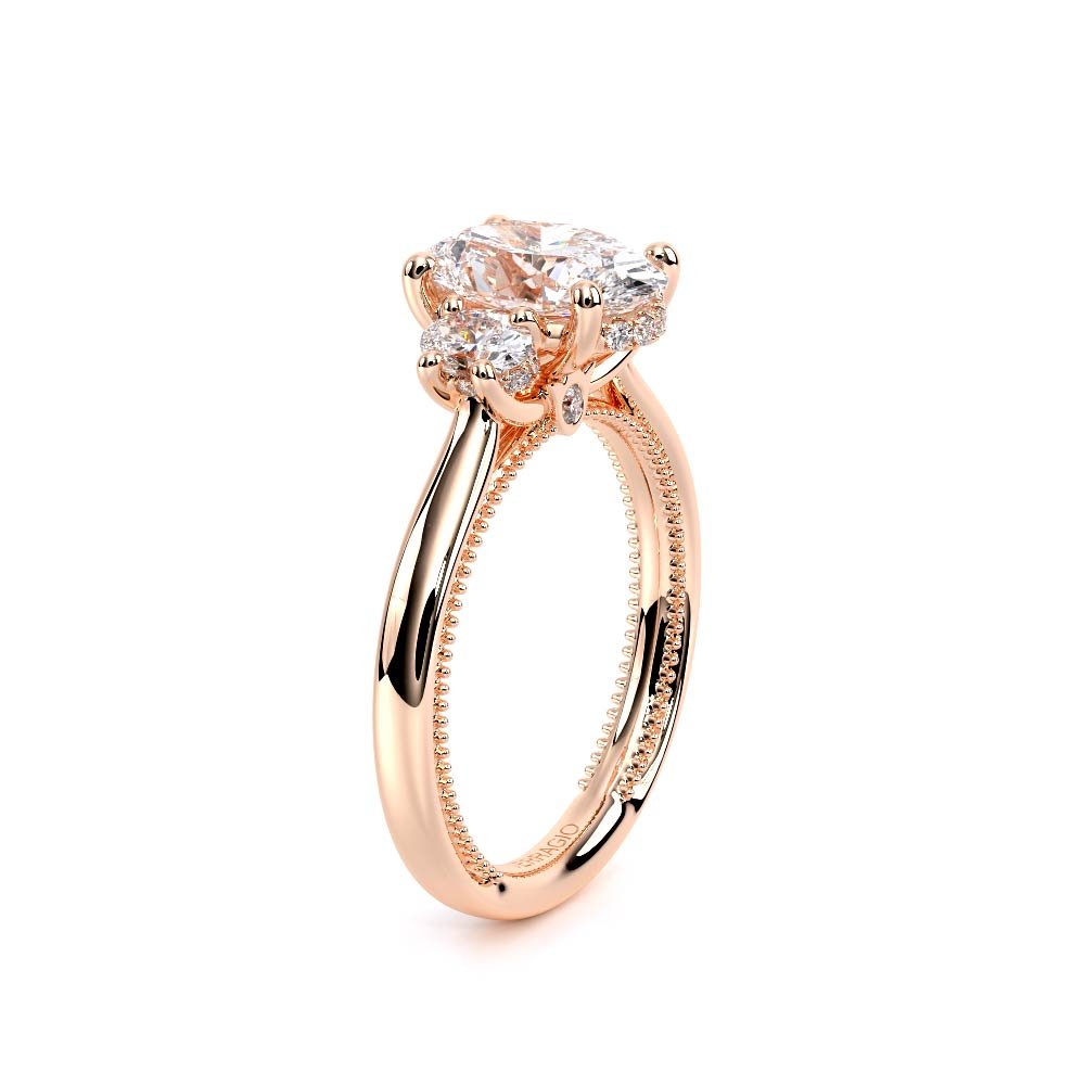 Oval Three-Stone 18k Rose Gold Engagement Ring - REN-993