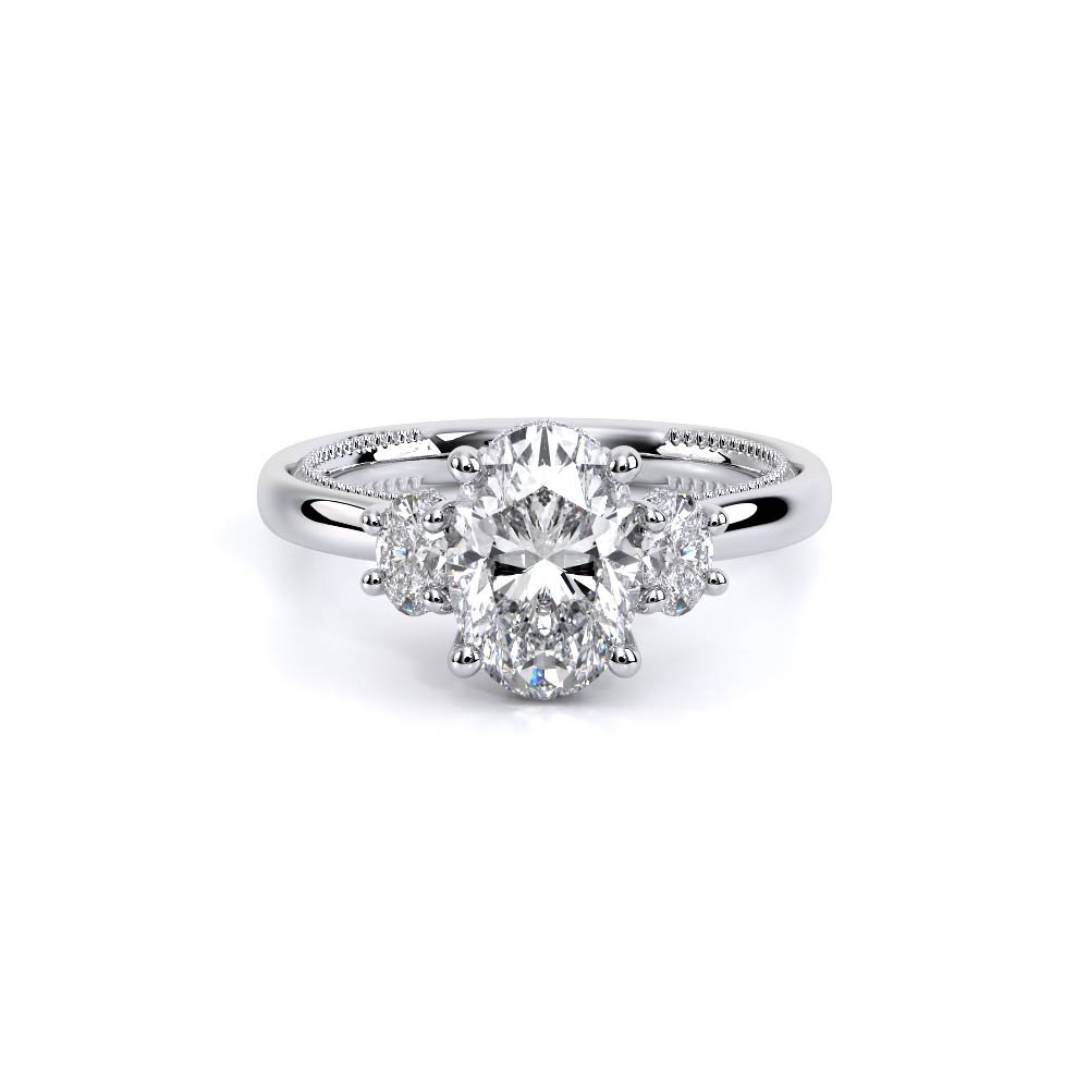 Oval Three-Stone 18k White Gold Engagement Ring - REN-993