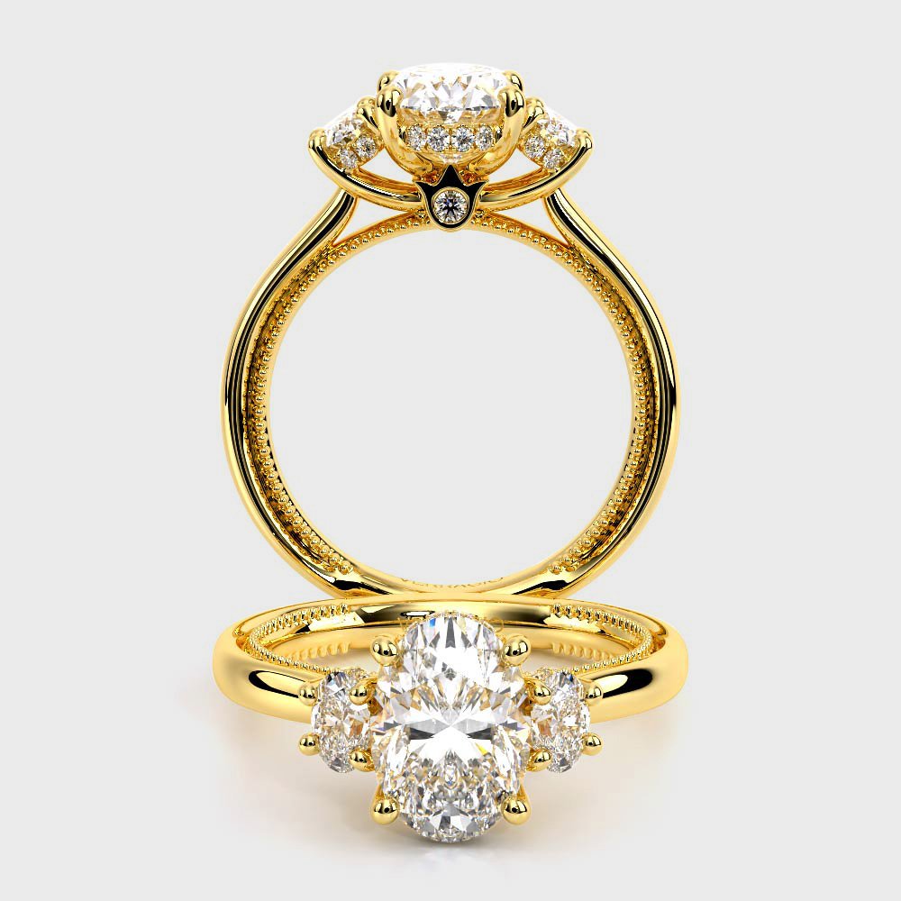 Oval Three-Stone 14K Yellow Gold Engagement Ring - REN-993