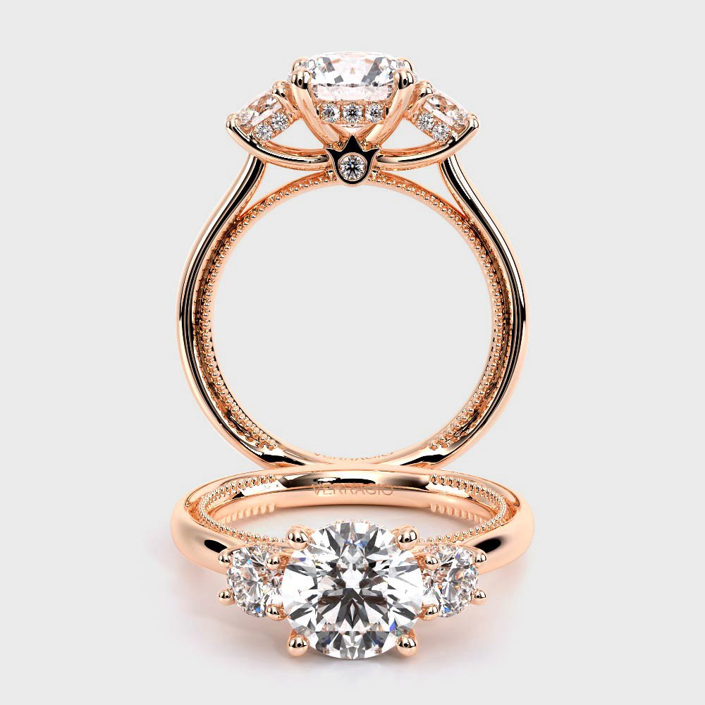 Round Three-Stone 14K Rose Gold Engagement Ring - REN-993