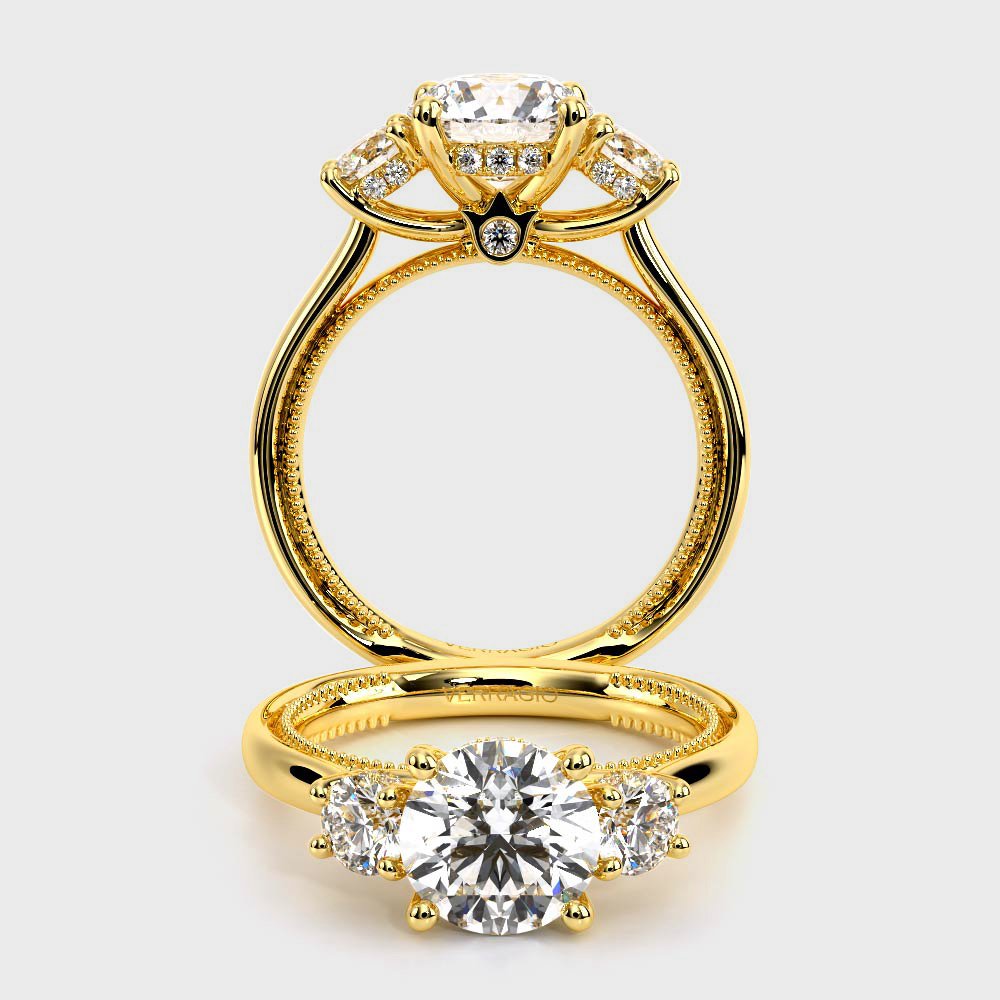Round Three-Stone 18k Yellow Gold Engagement Ring - REN-993