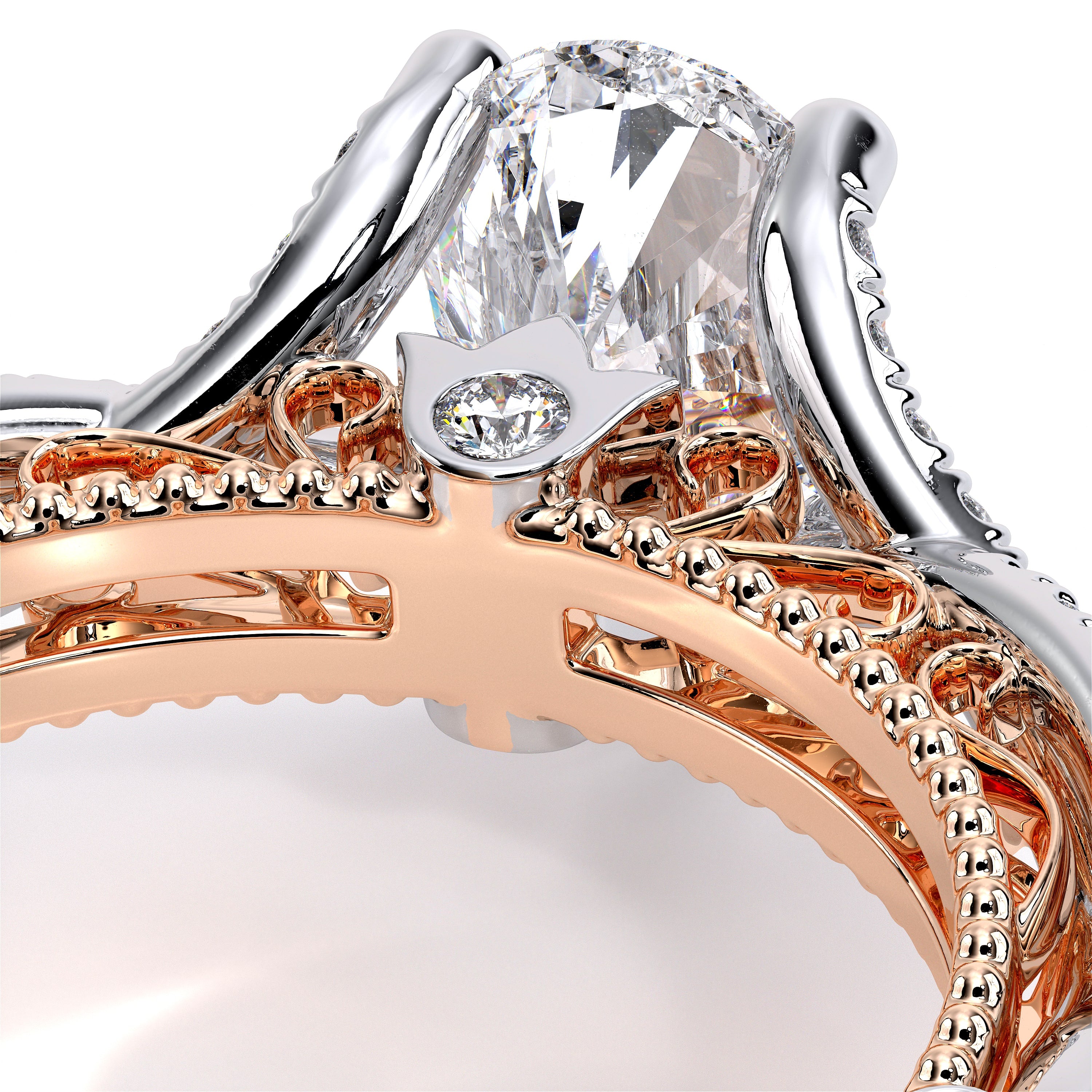 Pear Pavé 18k Rose and White Gold Engagement Ring - VEN-5003