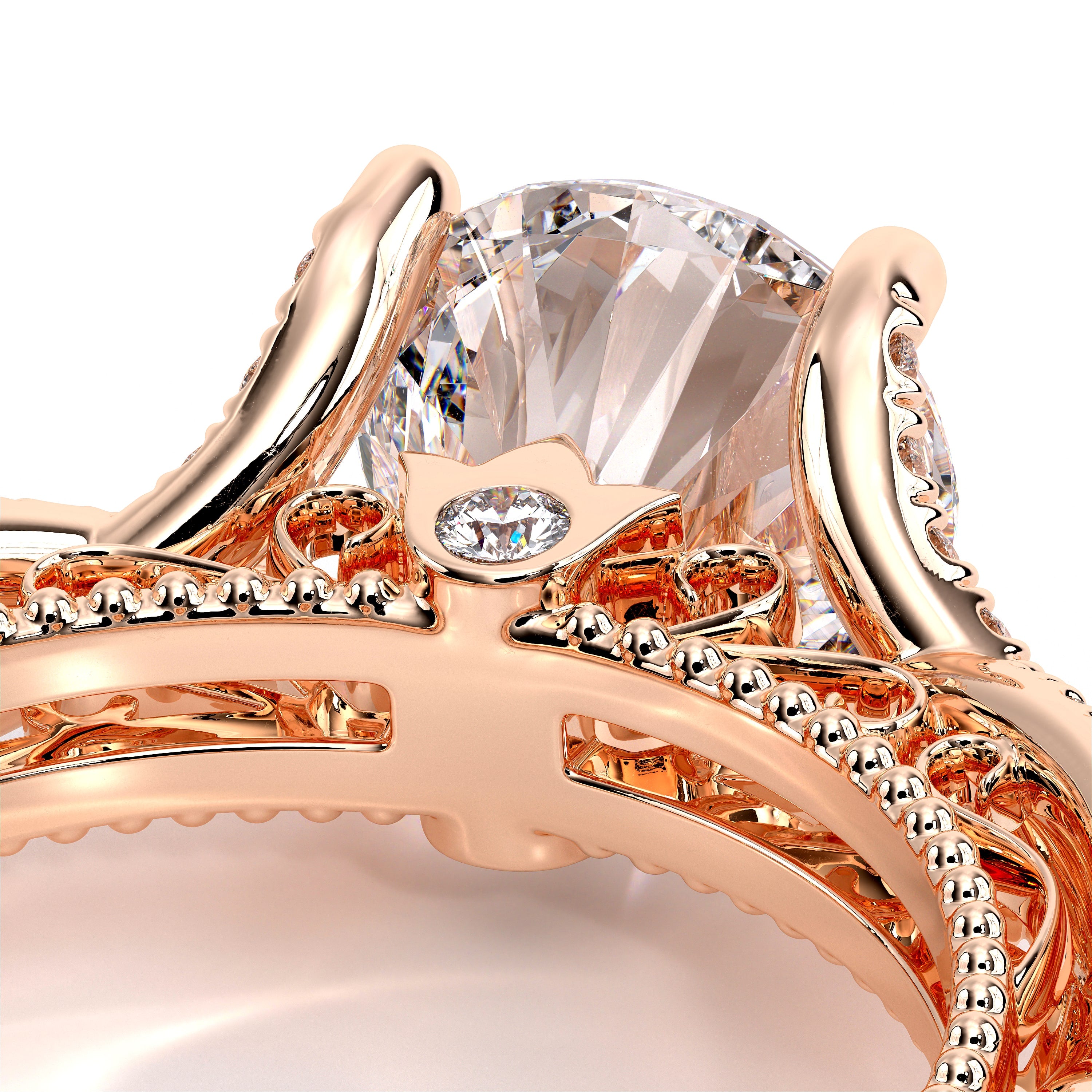 Round Pavé 18k Rose Gold Engagement Ring - VEN-5003