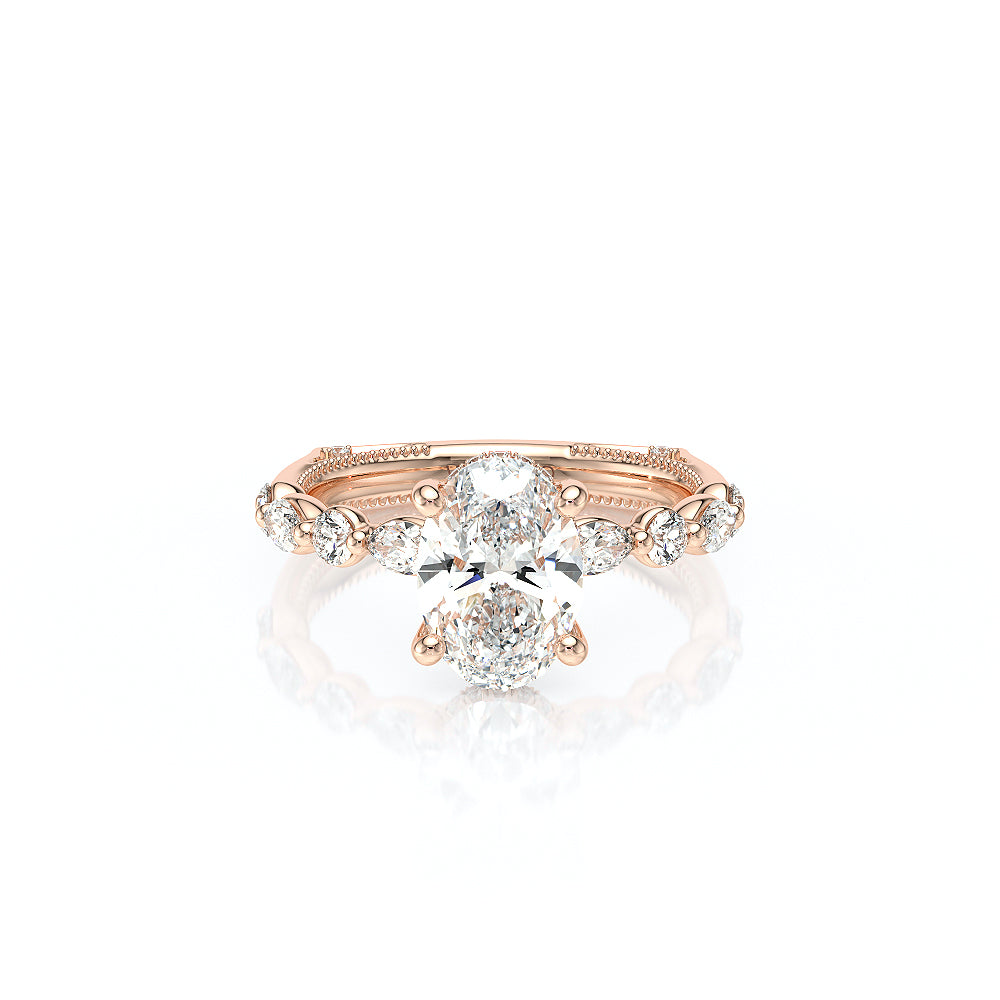 Oval Side Stone 18k Rose Gold Engagement Ring - VNG-2202