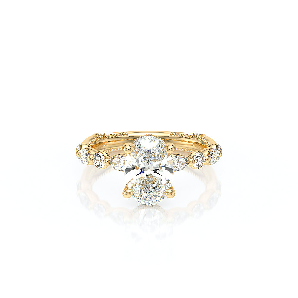 Oval Side Stone 14k Yellow Gold Engagement Ring - VNG-2202
