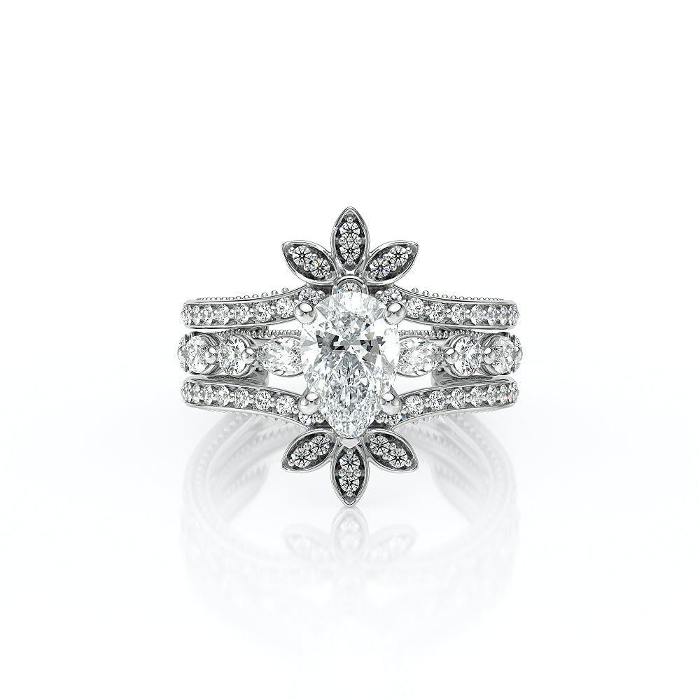 Pear Side Stone 18k White Gold Engagement Ring - VNG-2202