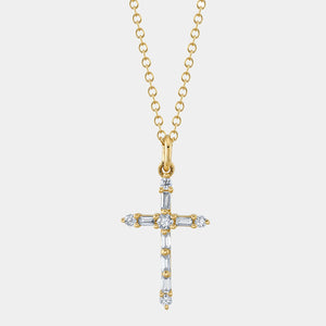 Kate Yellow Gold Baguette Diamond Cross Necklace