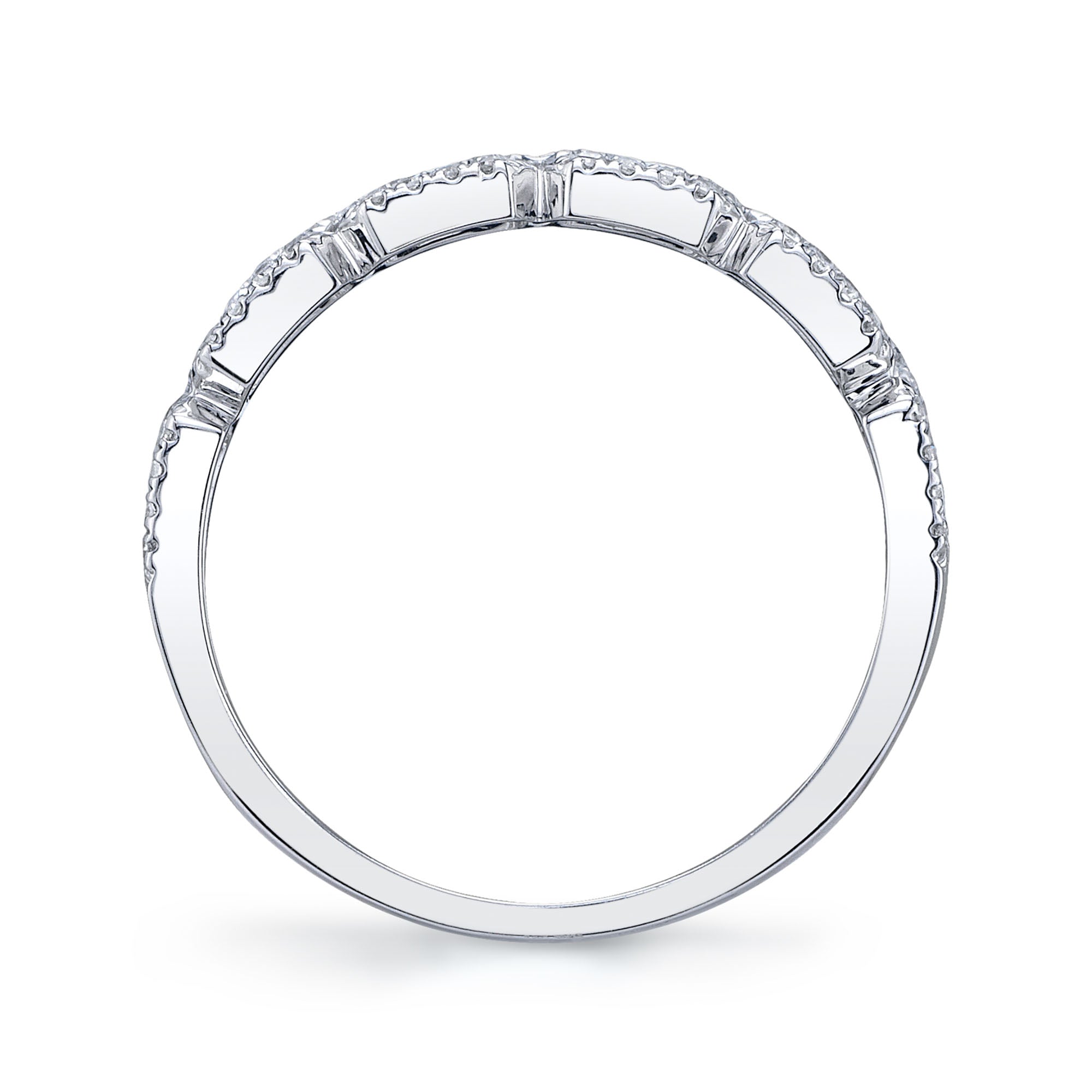 White gold baguette diamond stacker ring, top down angle view