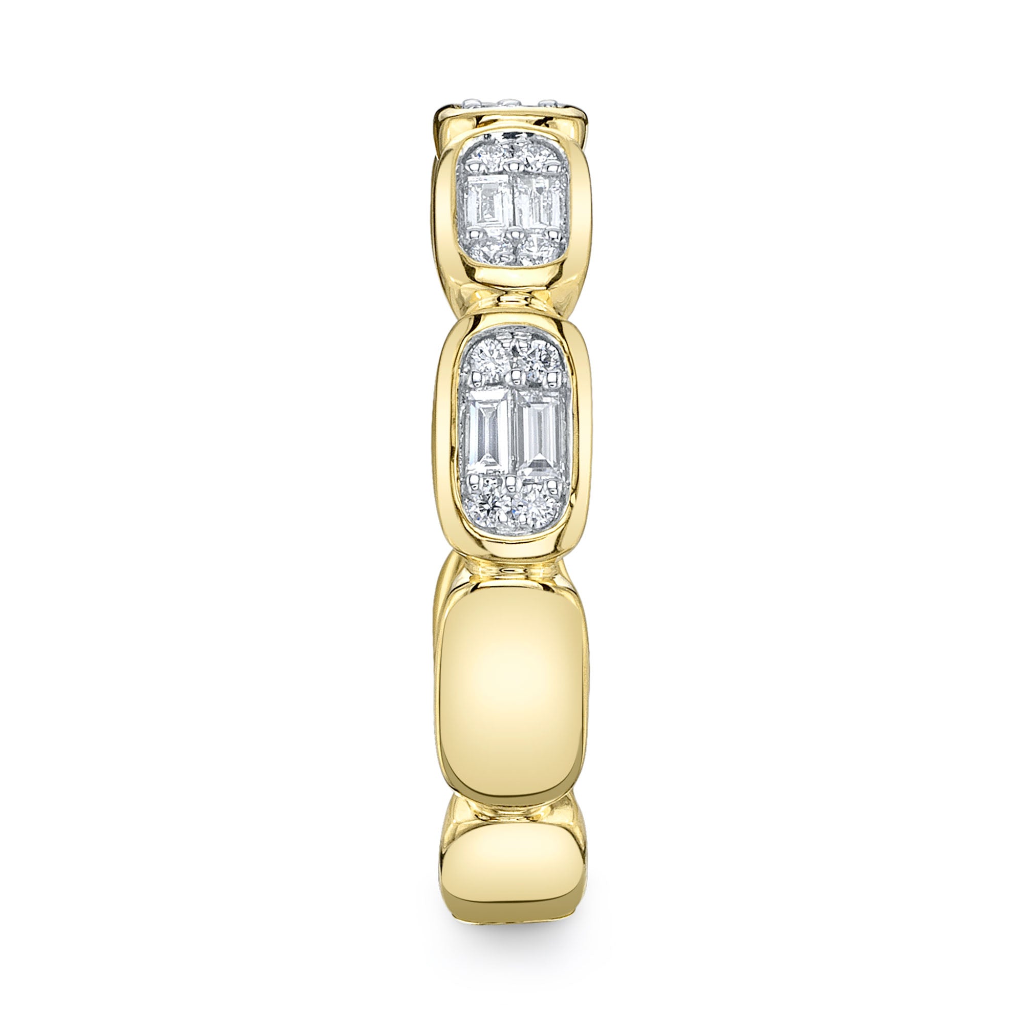 Yellow gold baguette diamond fashion ring, side view
