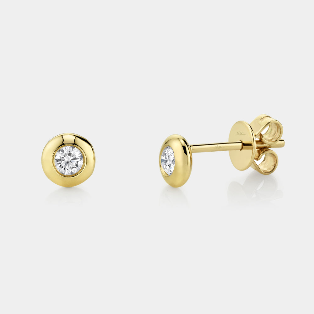 Yellow gold bezel set diamond stud earrings, front angle view