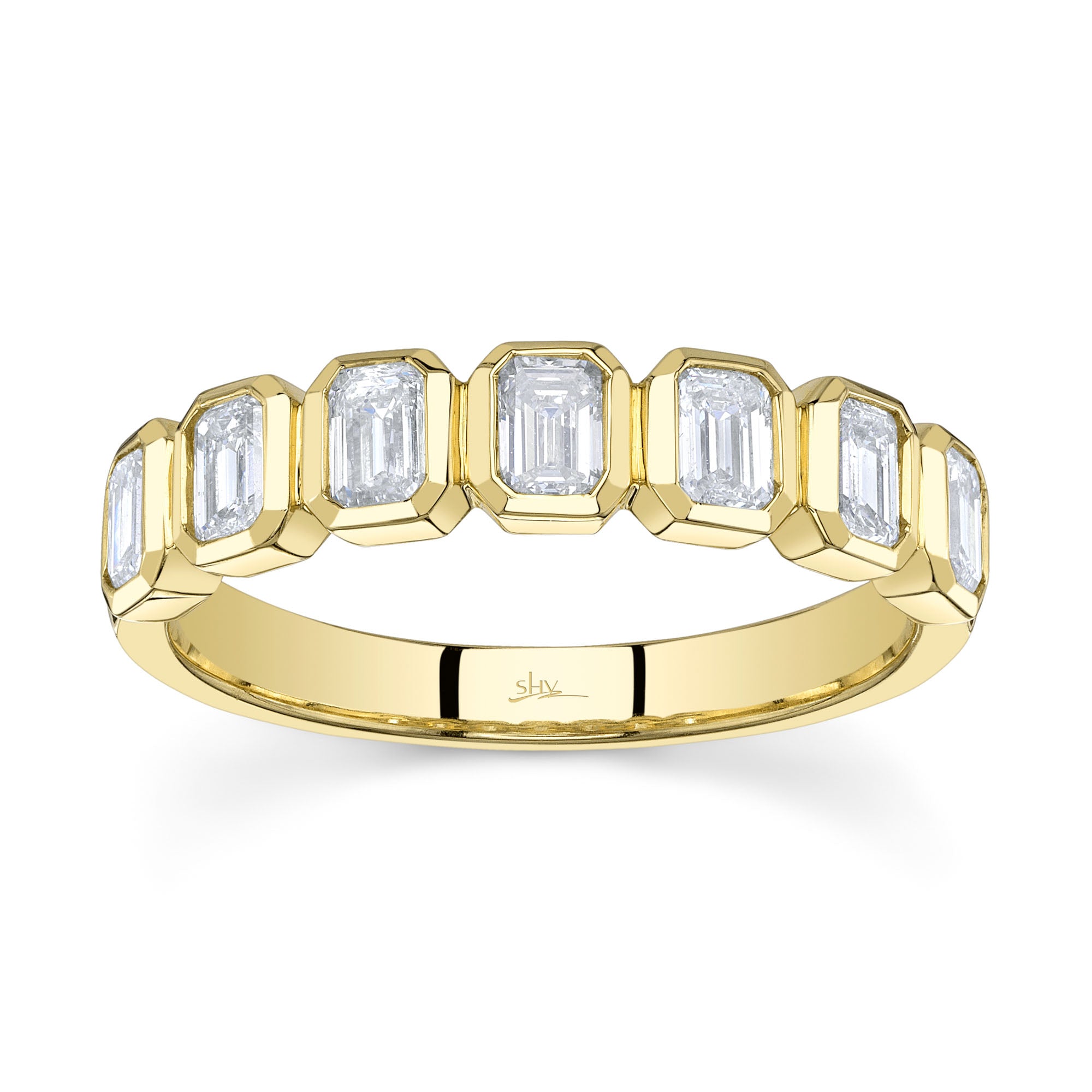 Yellow gold emerald cut diamond fashion ring, front angle view