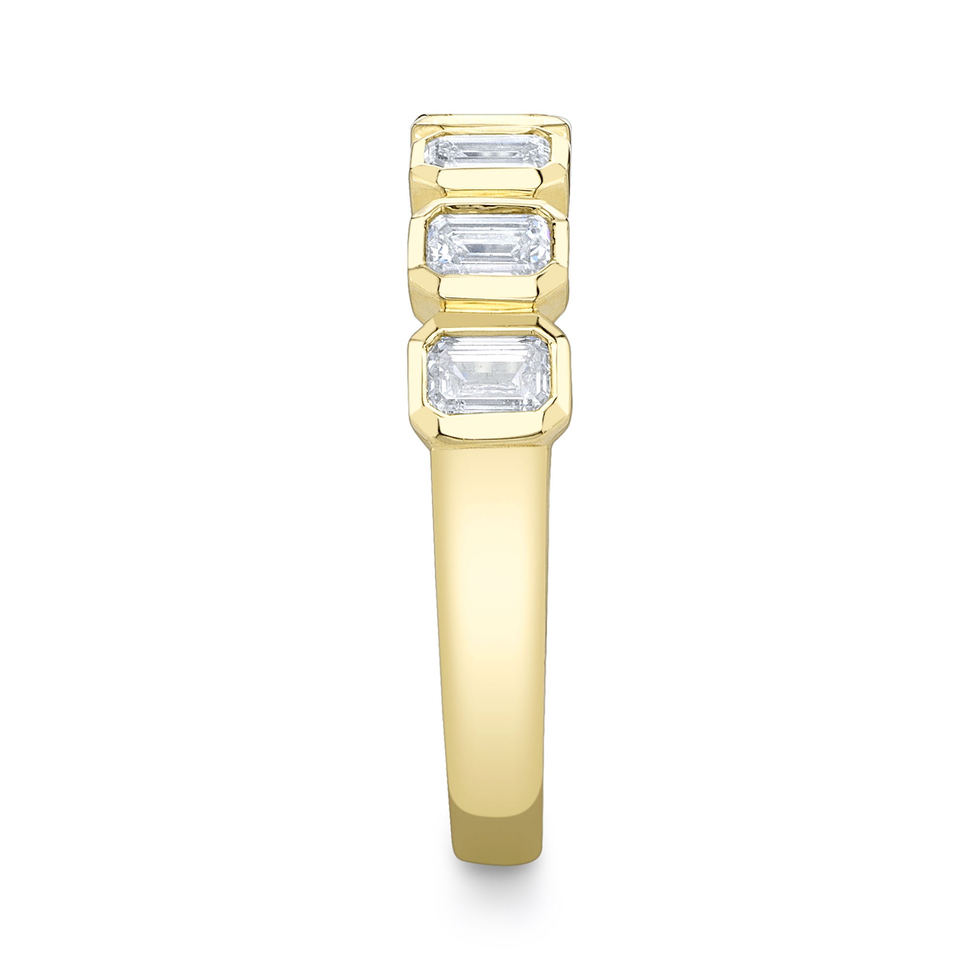 Yellow gold emerald cut diamond fashion ring, side angle view