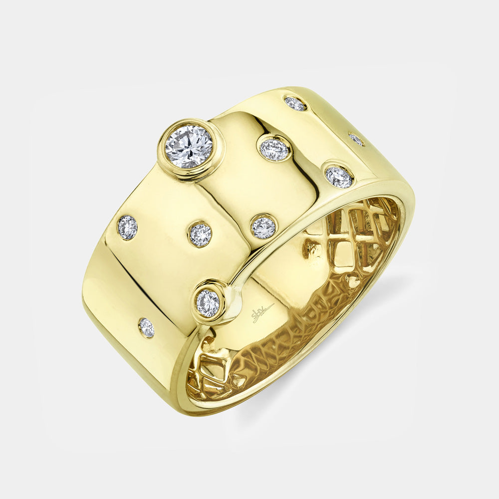 Yellow gold bezel set diamond fashion ring with scattered diamond design, top angle view