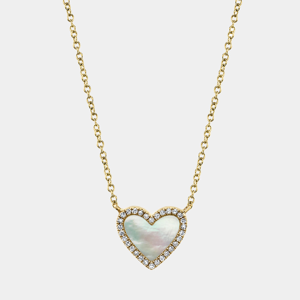 Heart-shaped white mother of pearl diamond necklace on yellow gold chain