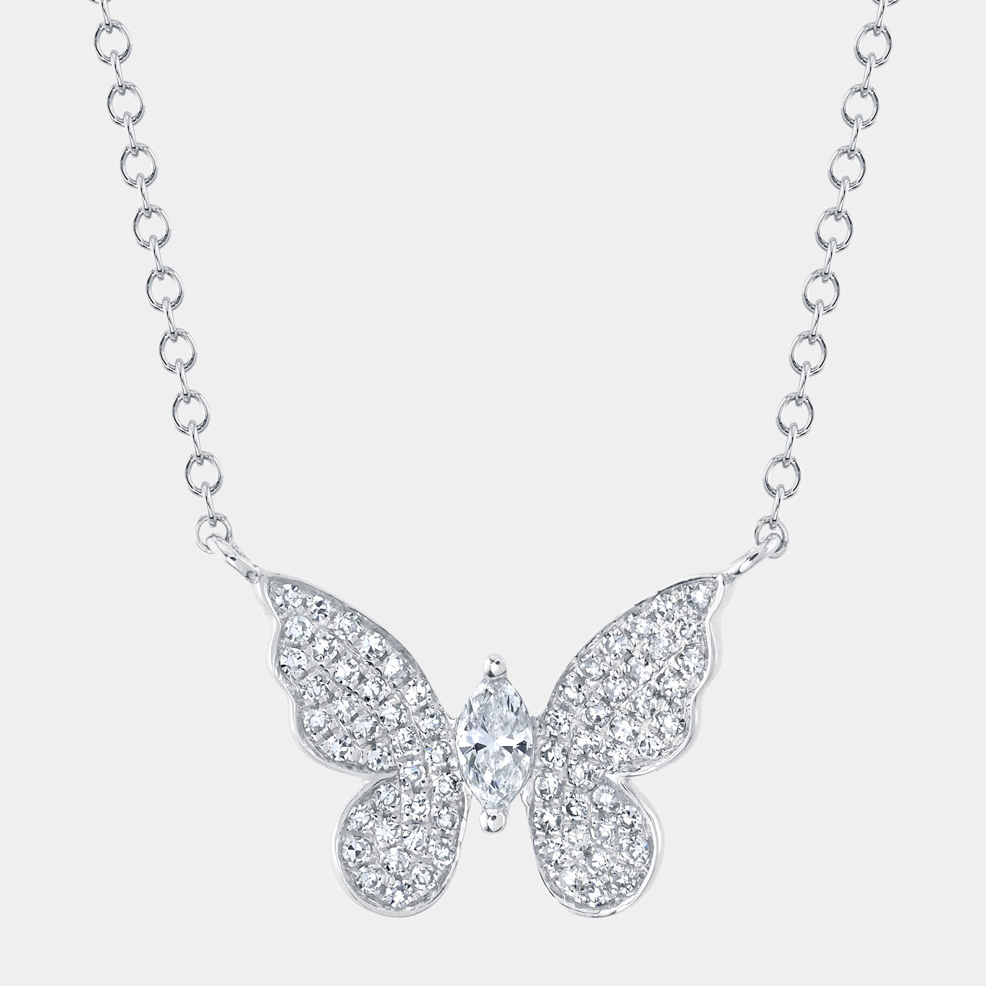 White gold diamond butterfly pendant, front view