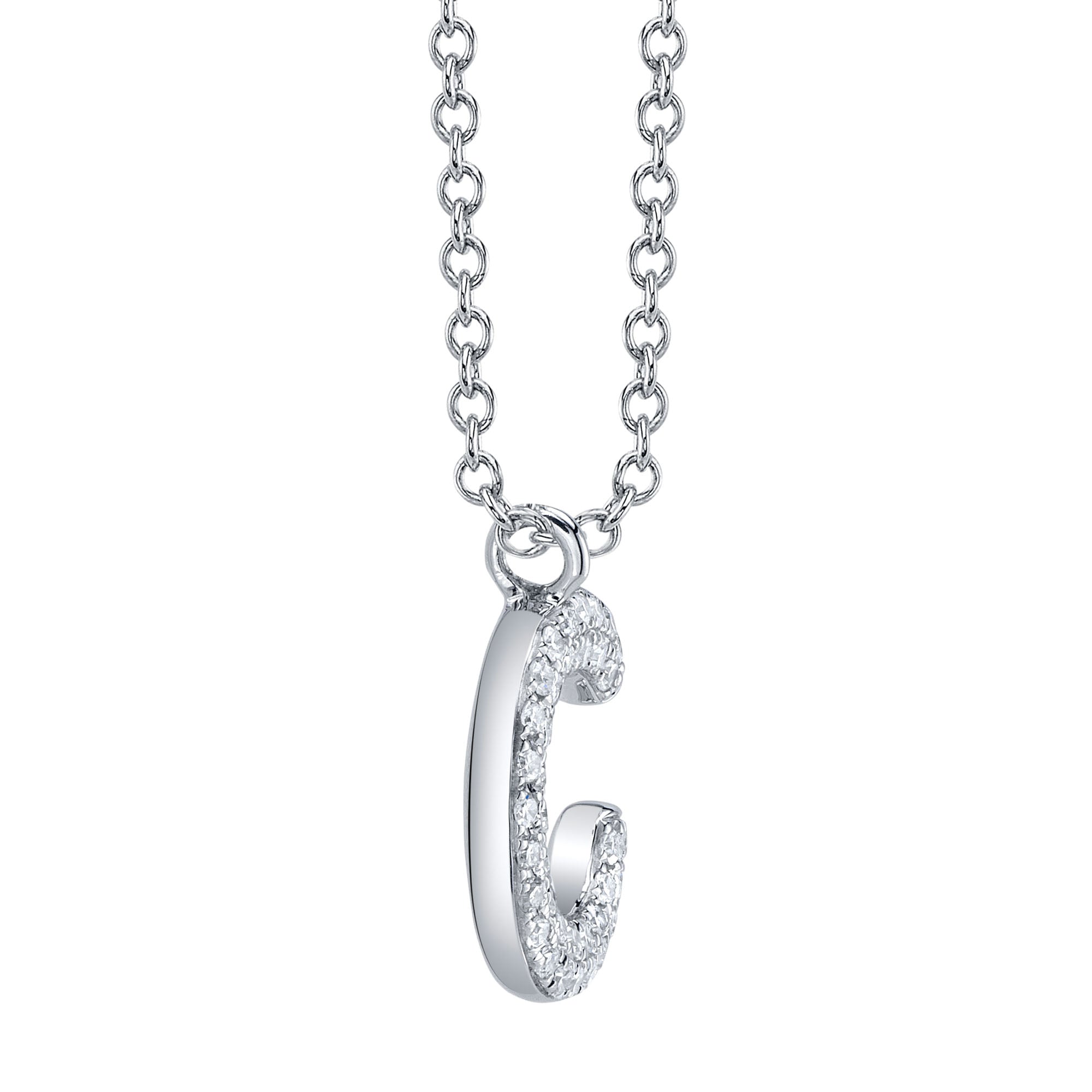 White gold letter C diamond initial pendant necklace, side view