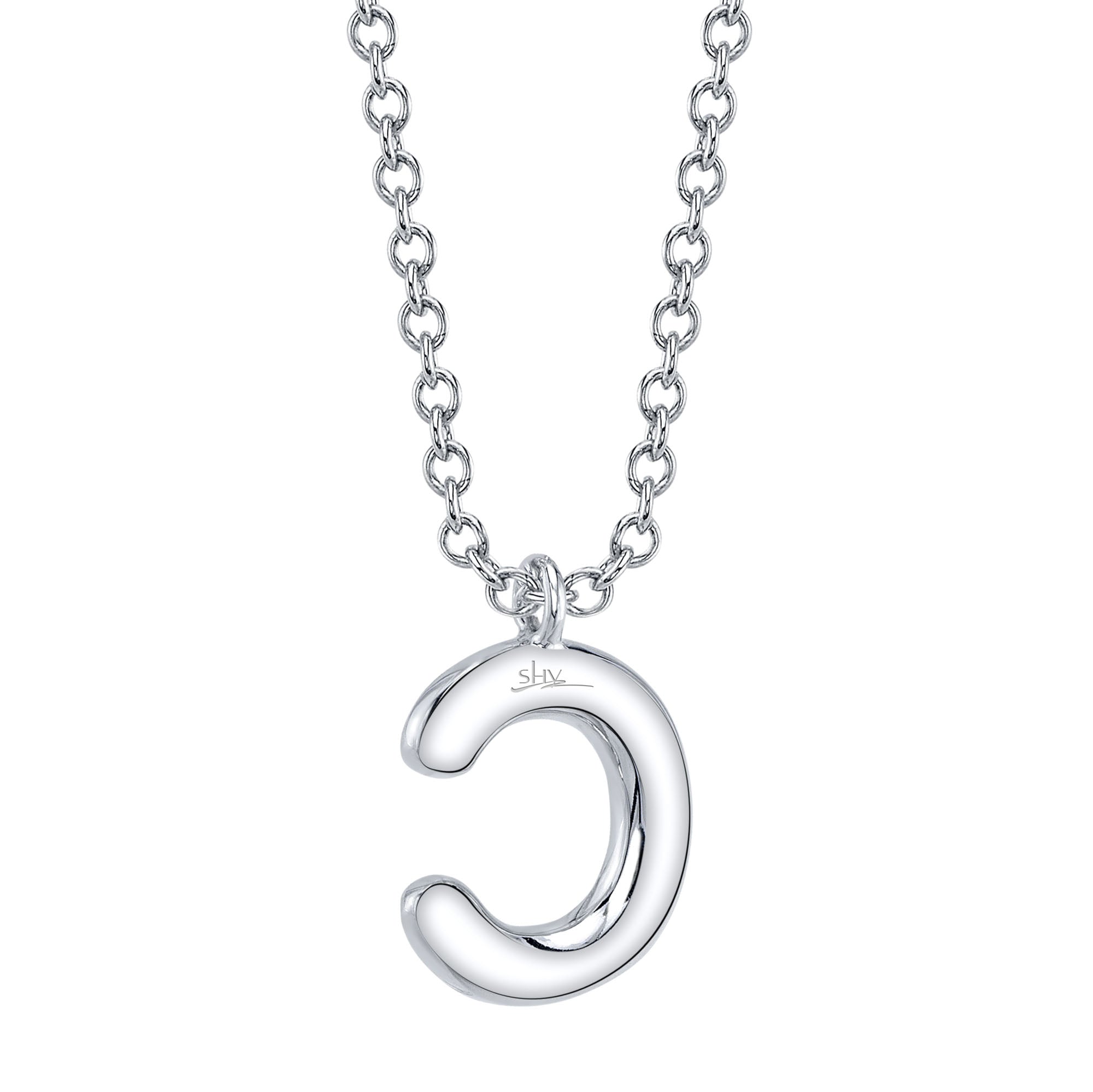 White gold letter C diamond initial pendant necklace, back view