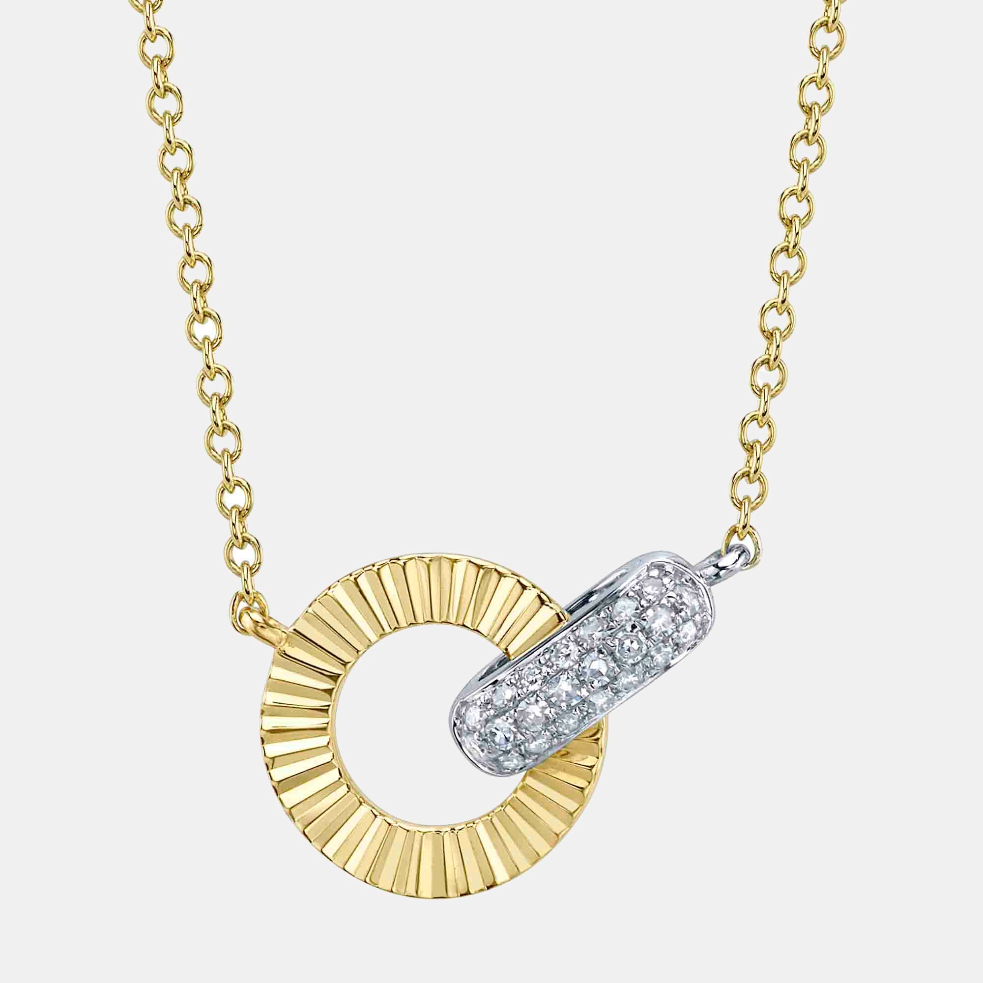 White and yellow gold diamond necklace with circular pendant, front view