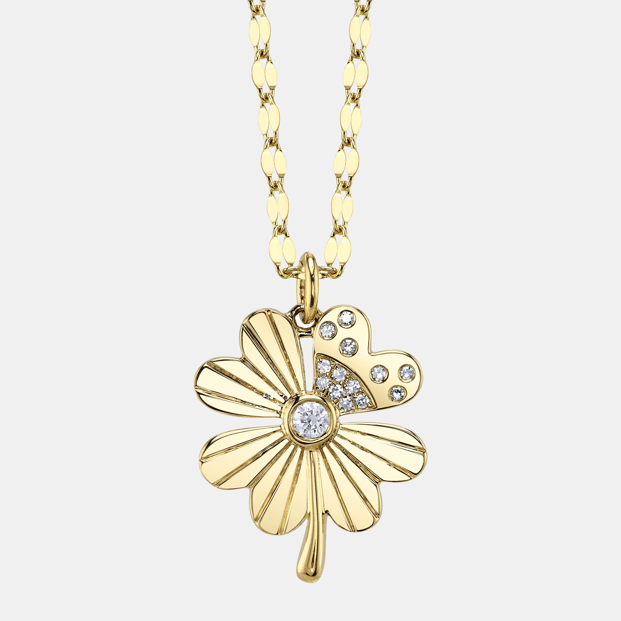 Yellow gold diamond clover pendant necklace, front view
