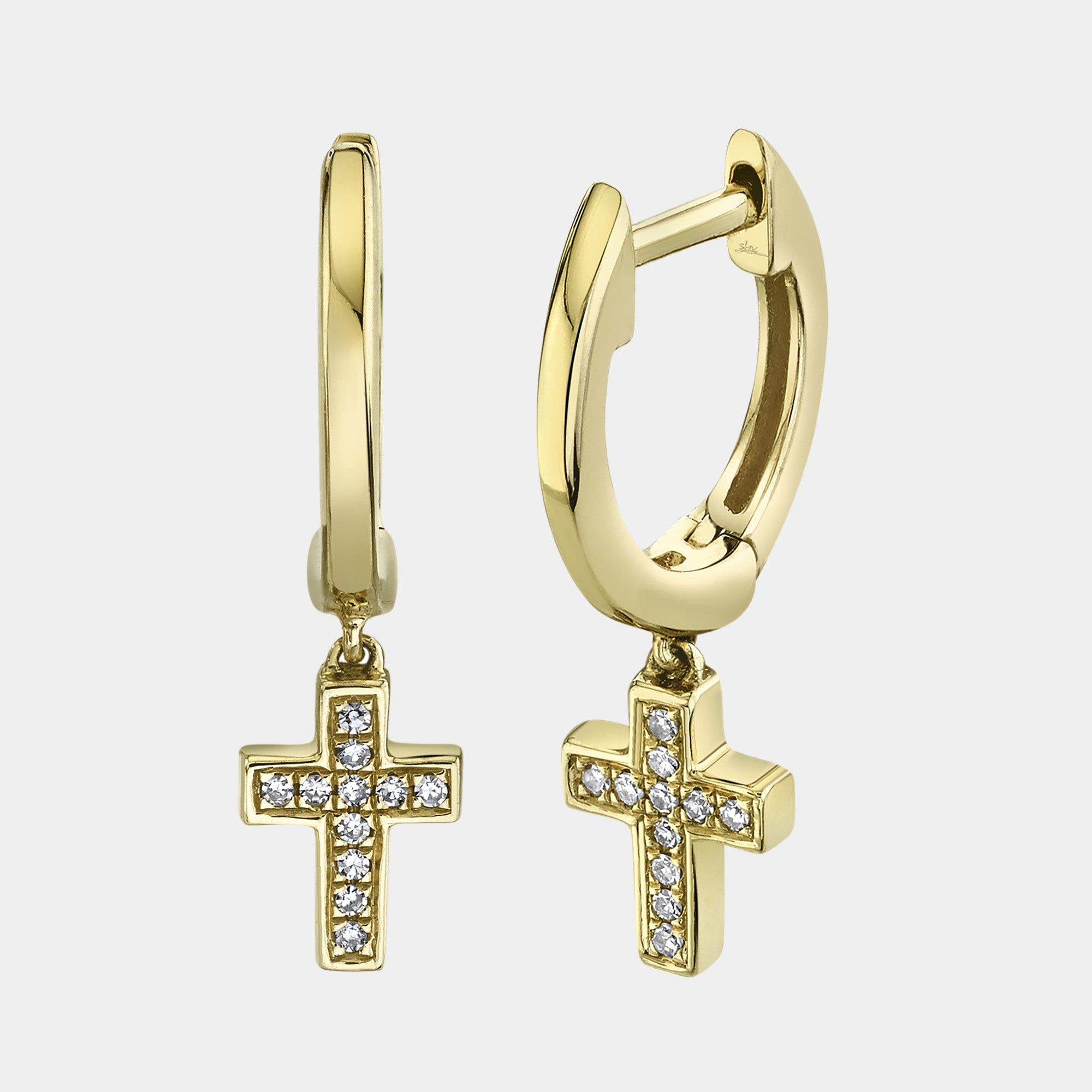 Yellow gold diamond cross huggie earrings, front view