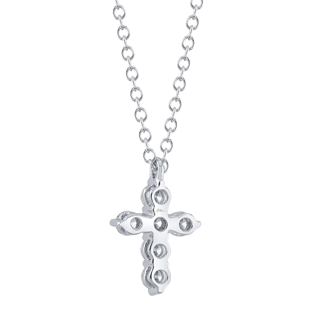 White gold diamond cross pendant necklace, front angle view