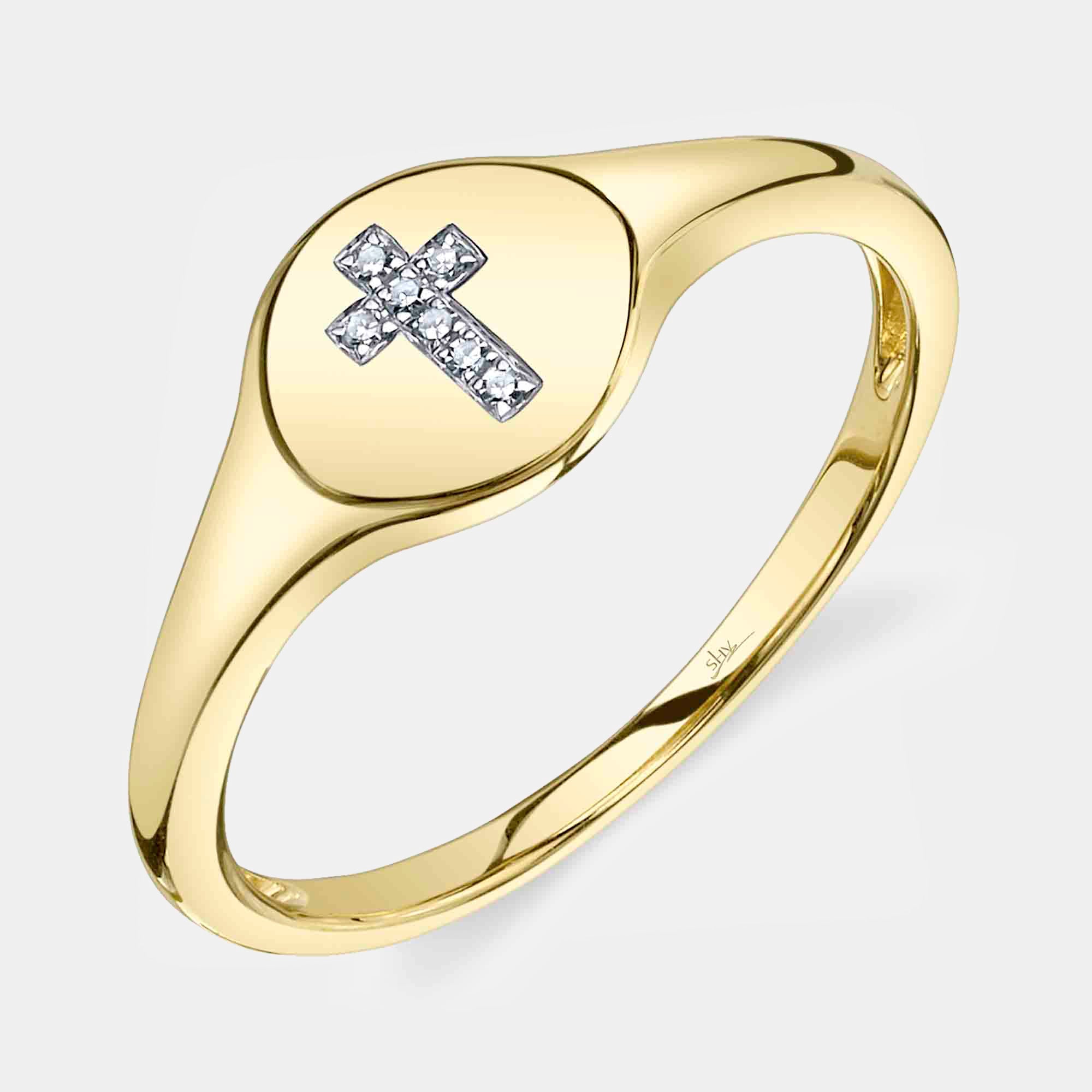 Shy Creation | Diamond Cross Signet Ring | 14k Yellow Gold