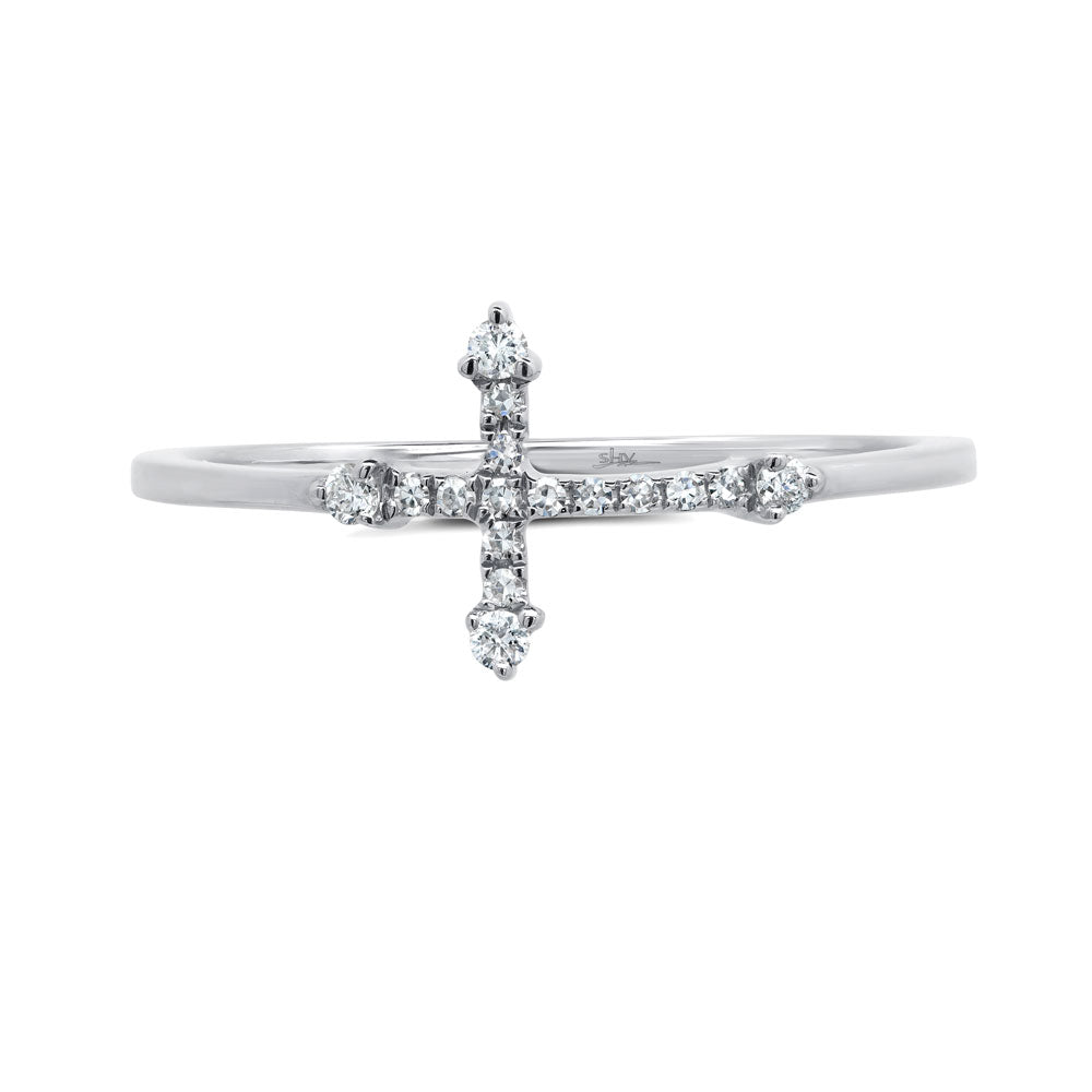 White gold east west diamond cross fashion ring, side view