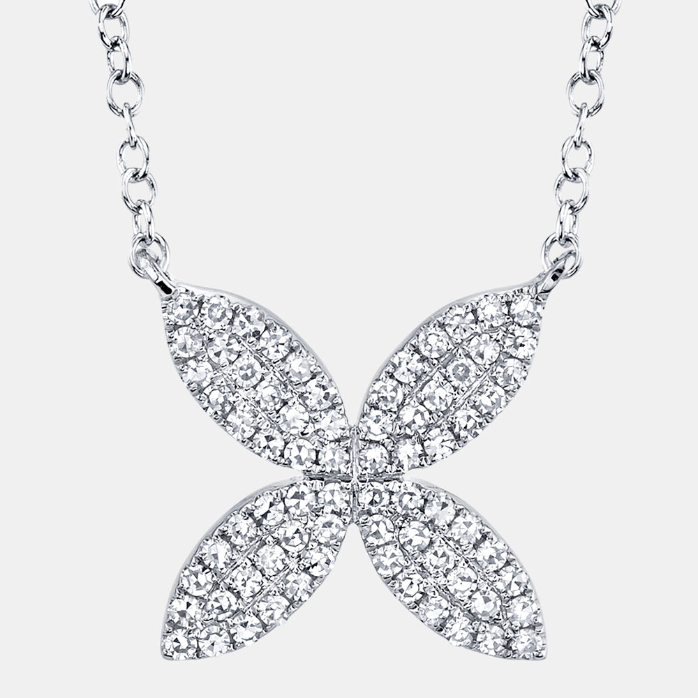 White gold diamond flower pendant necklace, front view
